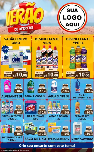 Modelo de Encarte para Encarte Grande com o tema Verão de Ofertas para Produtos de Limpeza