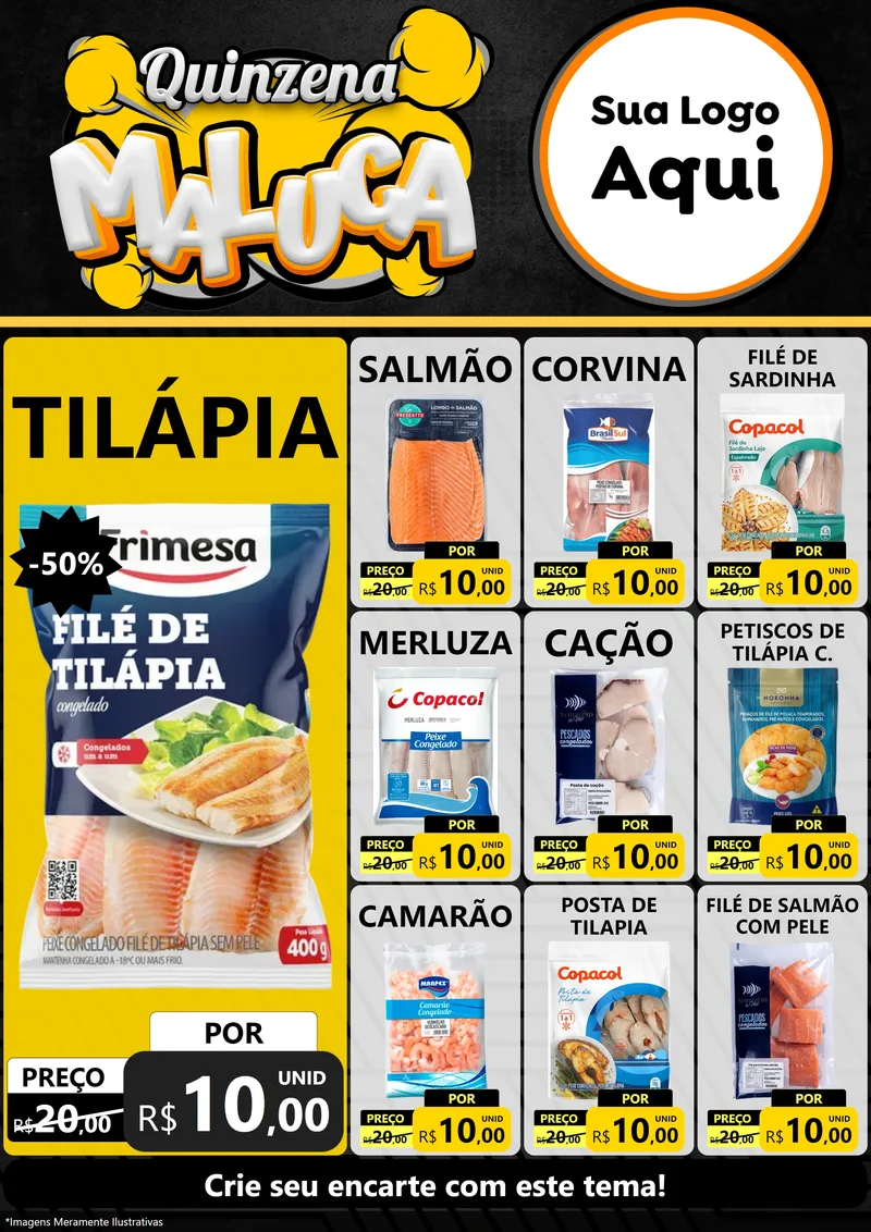 Modelo de Encarte para Encarte A4 Vertical com o tema Quinzena Maluca para Peixaria