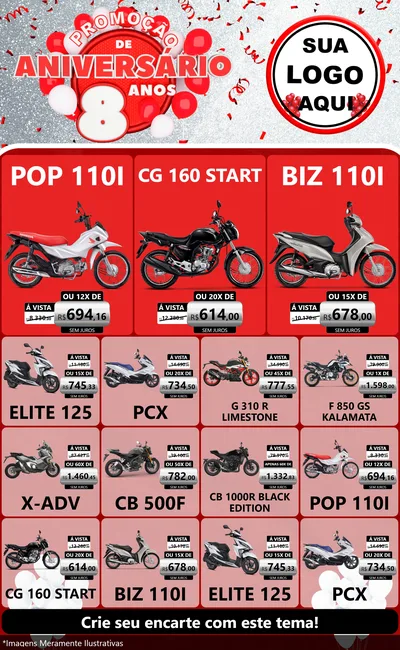 Modelo de Encarte para Encarte Grande com o tema Promoção de Aniversário - 8 Anos para Concessionaria de Motos