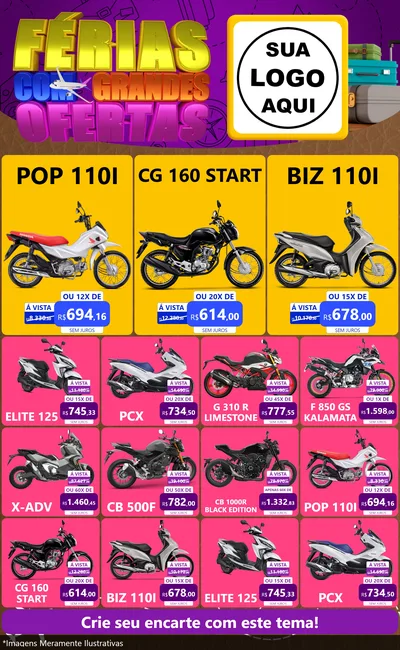 Modelo de Encarte para Encarte Grande com o tema Férias com Grandes Ofertas para Concessionaria de Motos