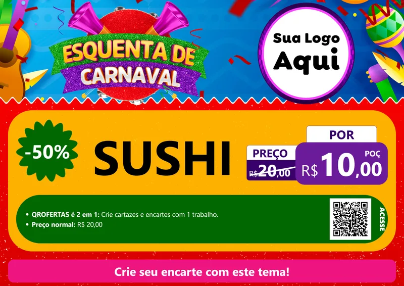 Modelo de Cartaz para Cartaz A4 Horizontal com o tema Esquenta de Carnaval para Comida japonesa