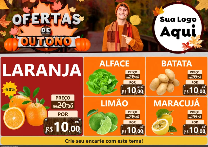 Modelo de Encarte para Encarte A4 Horizontal com o tema Ofertas de Outono para Hortifrúti
