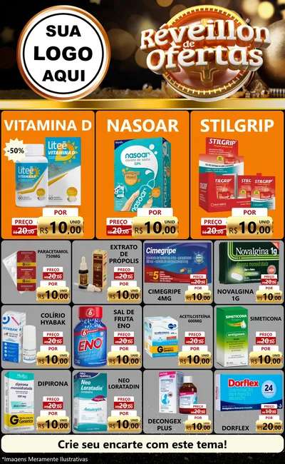 Modelo de Encarte para Encarte Grande com o tema Réveillon de Ofertas para Farmácia