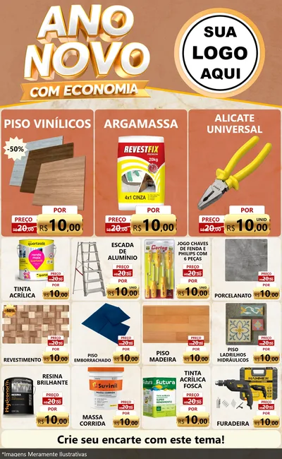 Modelo de Encarte para Encarte Grande com o tema Ano Novo Com Economia para Material para Construção
