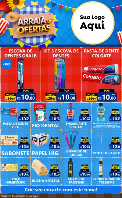 Modelo de Encarte para Encarte Grande com o tema Arraiá de Ofertas para Higiene Pessoal