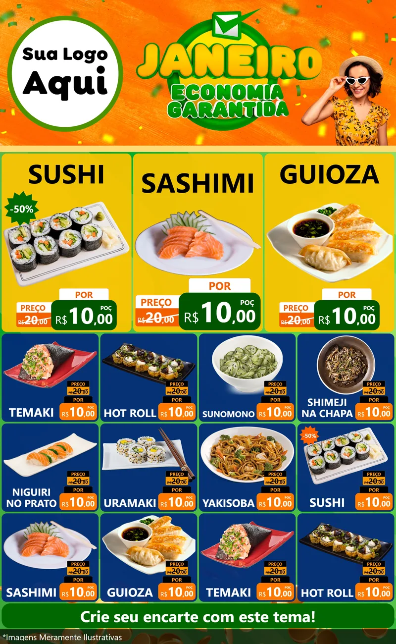 Modelo de Encarte para Encarte Grande com o tema Janeiro - Economia Garantida para Comida japonesa