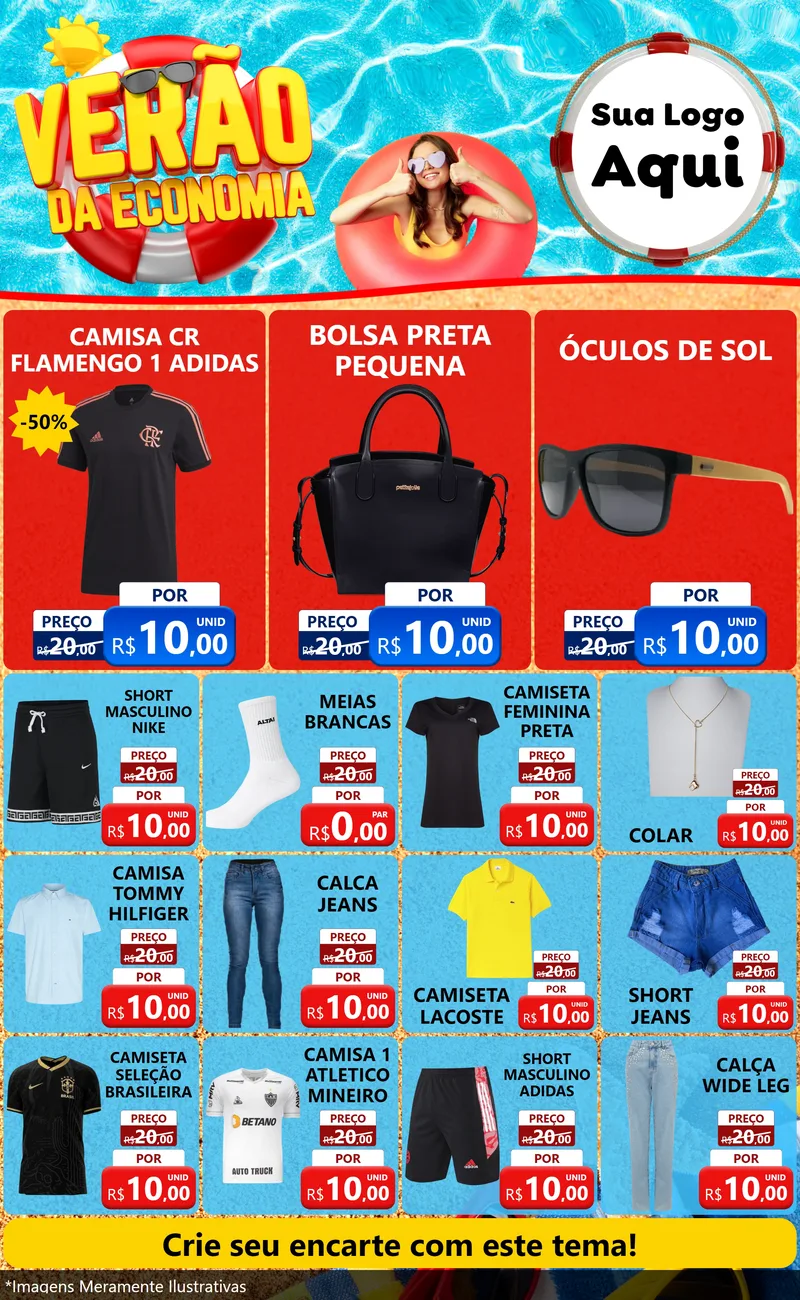 Modelo de Encarte para Encarte Grande com o tema Verão da Economia para Roupas e acessórios