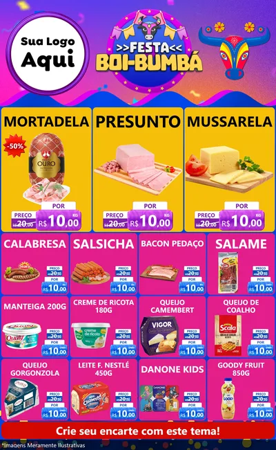 Modelo de Encarte para Encarte Grande com o tema Festa Boi-Bumbá para Frios e Laticínios