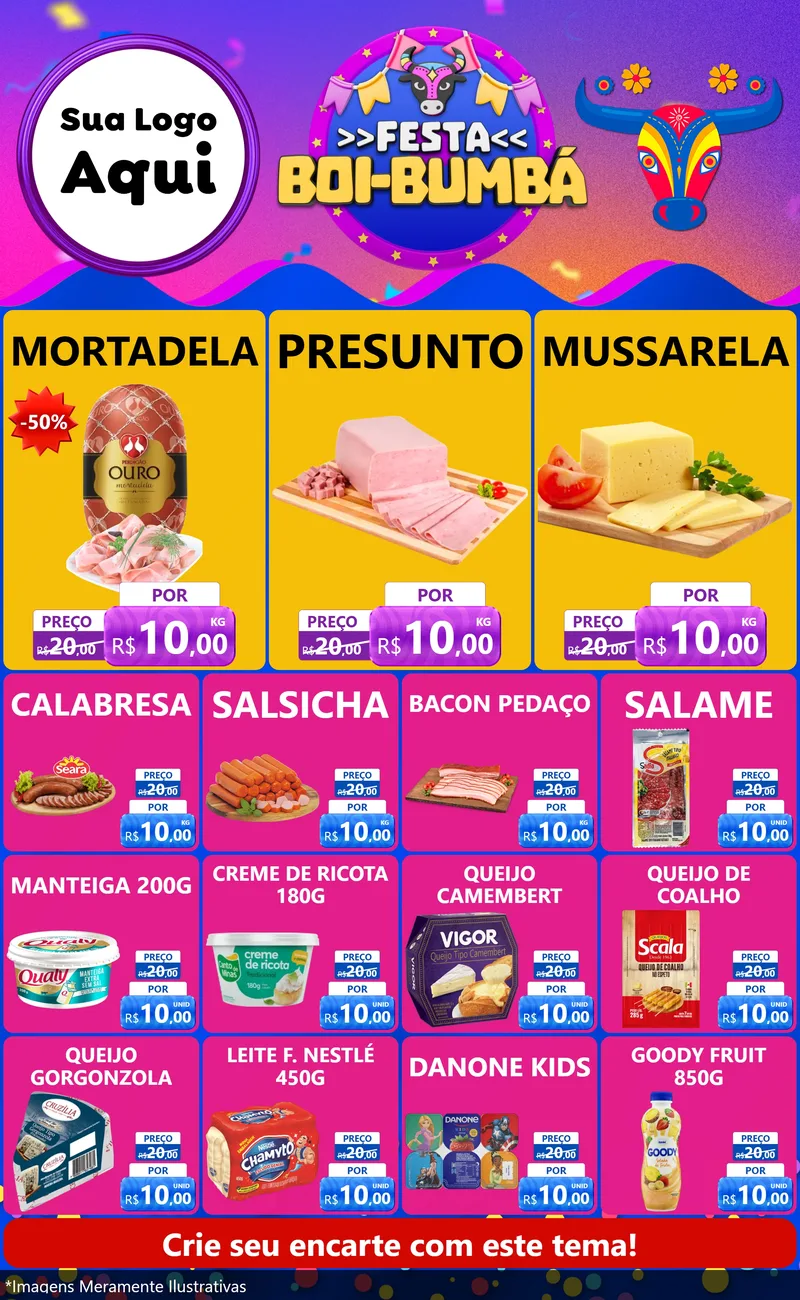 Modelo de Encarte para Encarte Grande com o tema Festa Boi-Bumbá para Frios e Laticínios