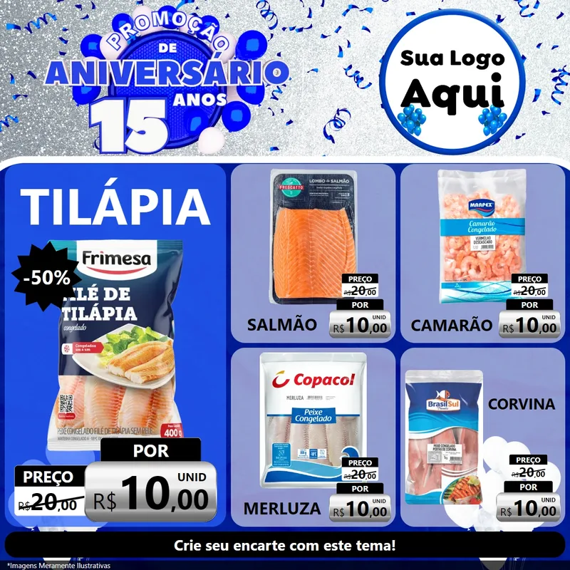 Modelo de Rede Social para Feed Facebook com o tema Promoção de Aniversário - 15 Anos para Peixaria