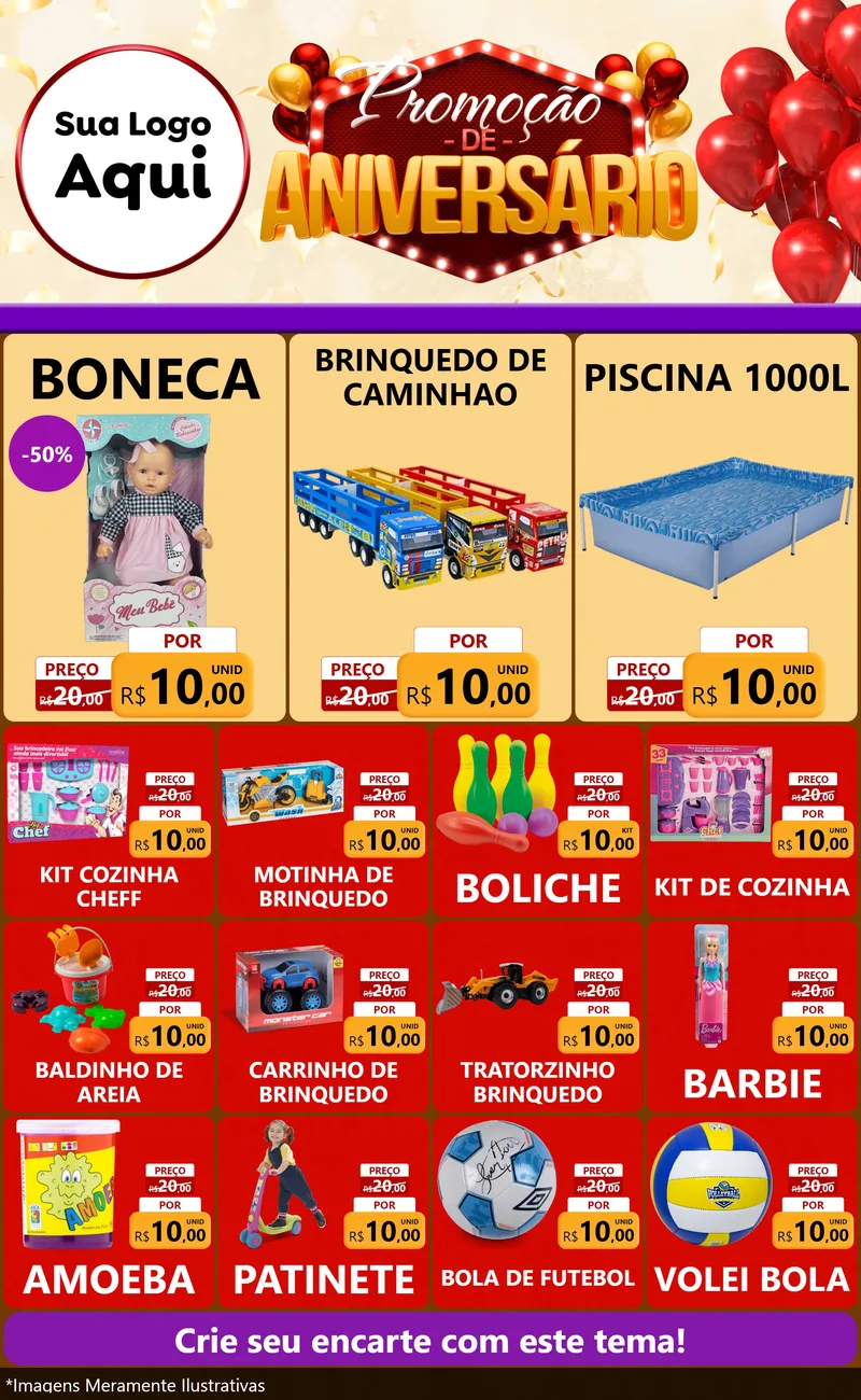 Modelo de Encarte para Encarte Grande com o tema Promoção de Aniversário para Brinquedos