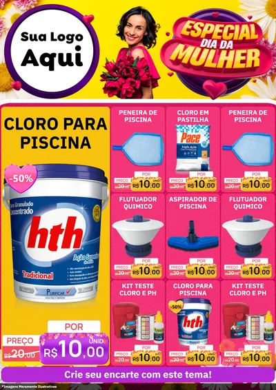 Modelo de Encarte para Encarte A4 Vertical com o tema Especial Dia da Mulher para Produtos para Piscina