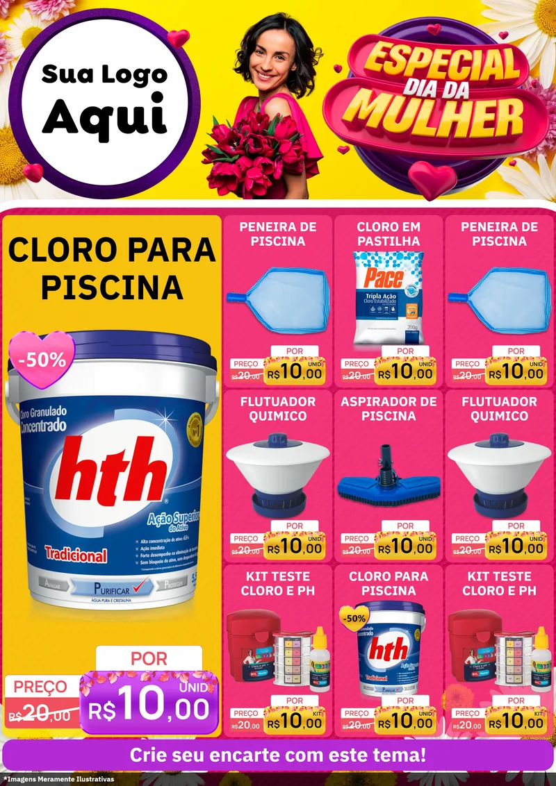 Modelo de Encarte para Encarte A4 Vertical com o tema Especial Dia da Mulher para Produtos para Piscina