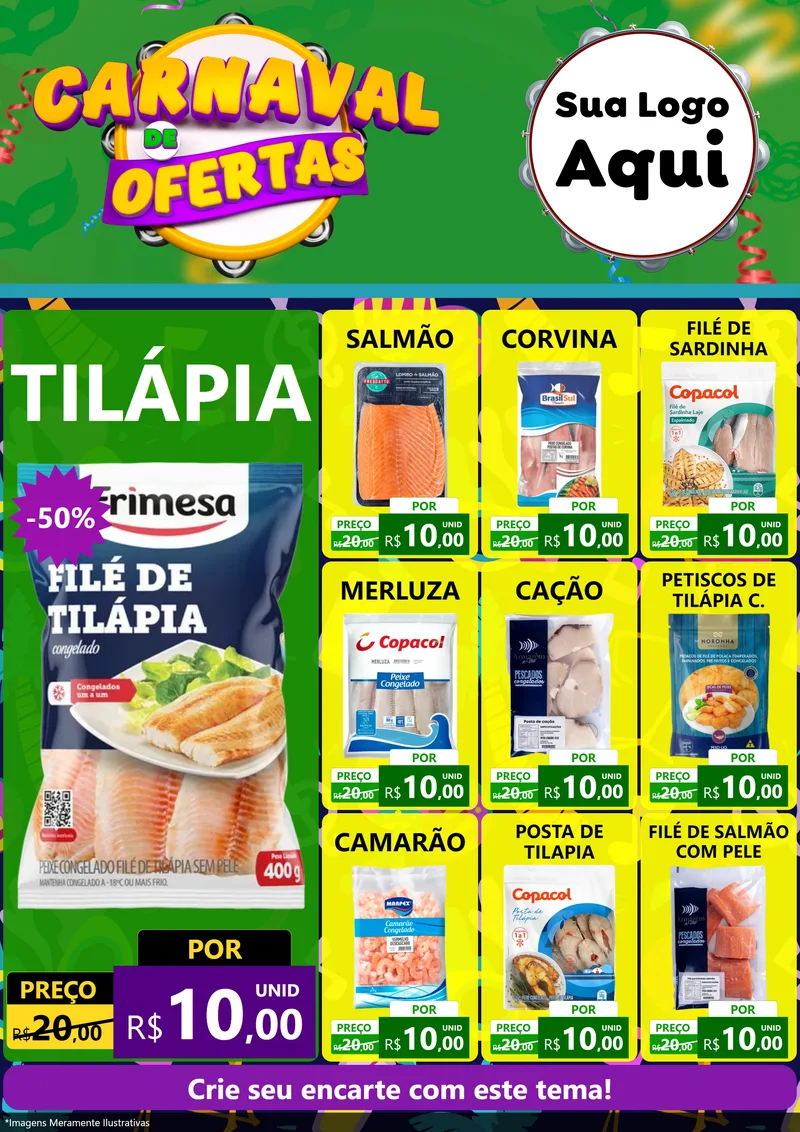 Modelo de Encarte para Encarte A4 Vertical com o tema Carnaval de Ofertas para Peixaria