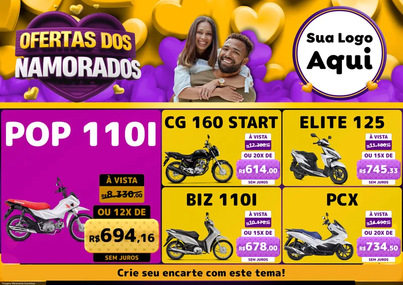 Modelo de Encarte para Encarte A4 Horizontal com o tema Oferta Dos Namorados para Concessionaria de Motos