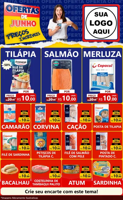 Modelo de Encarte para Encarte Grande com o tema Ofertas de Junho - Preços Incríveis para Peixaria