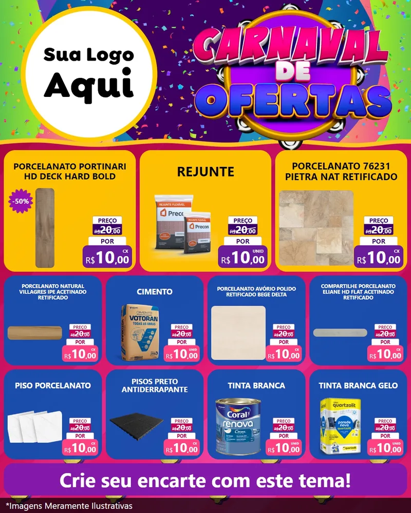 Modelo de Rede Social para Feed Instagram com o tema Carnaval de Ofertas para Pisos e revestimentos