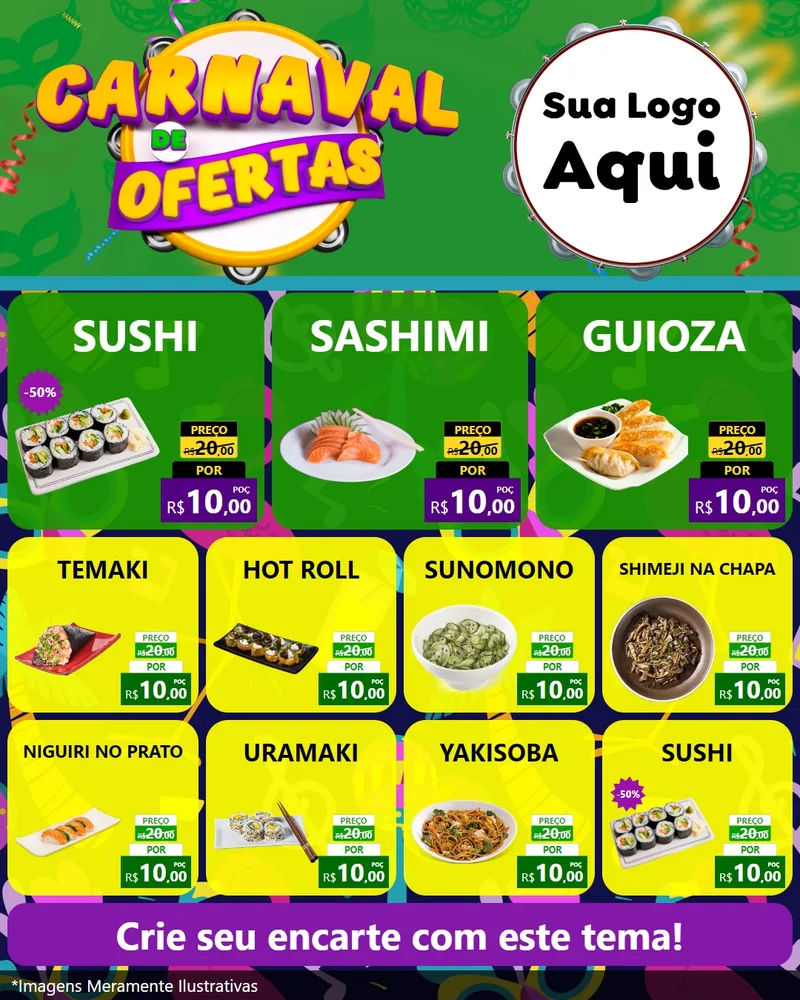 Modelo de Rede Social para Feed Instagram com o tema Carnaval de Ofertas para Comida japonesa