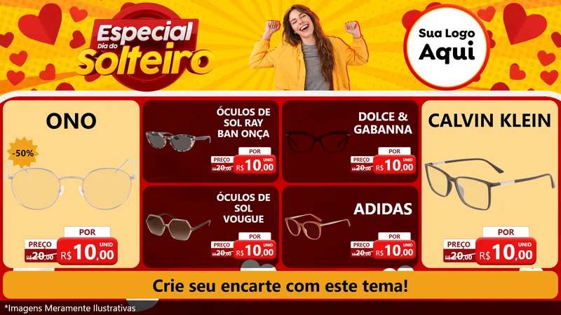 Modelo de TV para TV Horizontal com o tema Especial Dia do Solteiro para Óticas