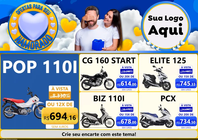 Modelo de Encarte para Encarte A4 Horizontal com o tema Ofertas Para Seu Namorado para Concessionaria de Motos