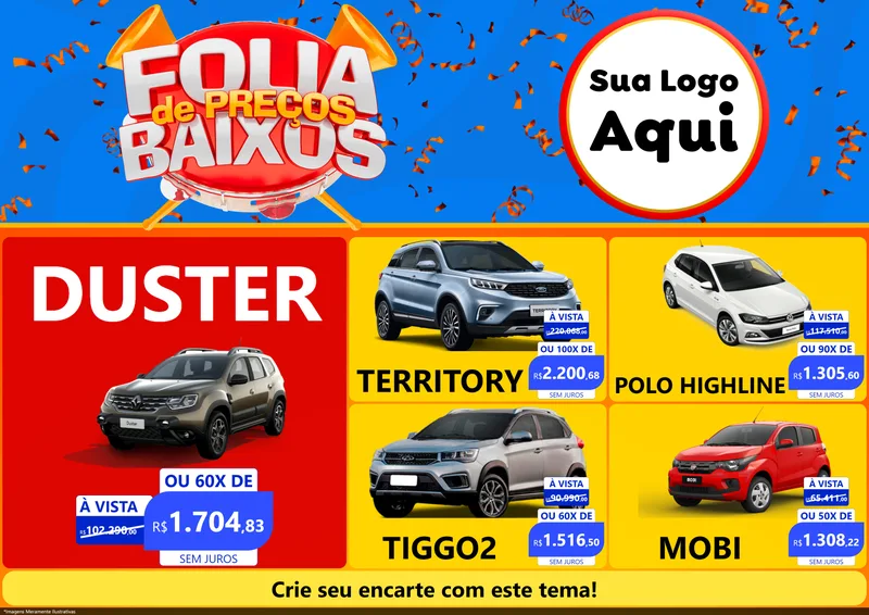Modelo de Encarte para Encarte A4 Horizontal com o tema Folia de Preços Baixos para Concessionaria de Carros