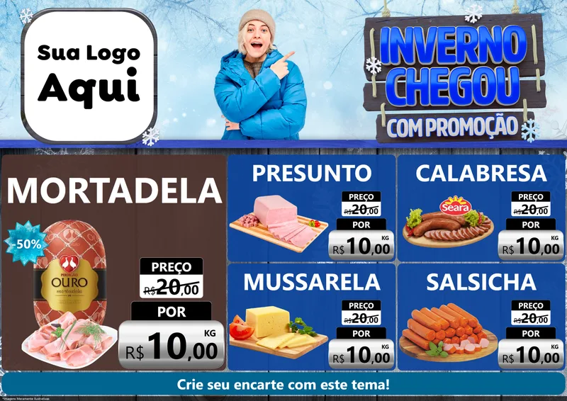 Modelo de Encarte para Encarte A4 Horizontal com o tema Inverno Chegou Com Promoção para Frios e Laticínios