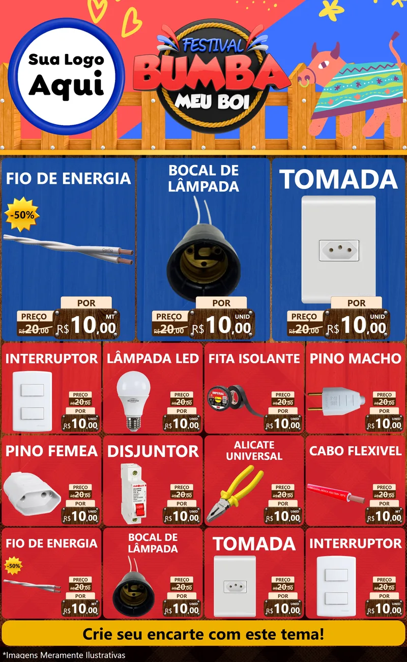 Modelo de Encarte para Encarte Grande com o tema Festival Bumba Meu Boi para Materiais Elétricos
