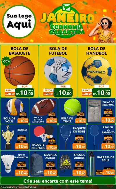 Modelo de Encarte para Encarte Grande com o tema Janeiro - Economia Garantida para Artigos Esportivos