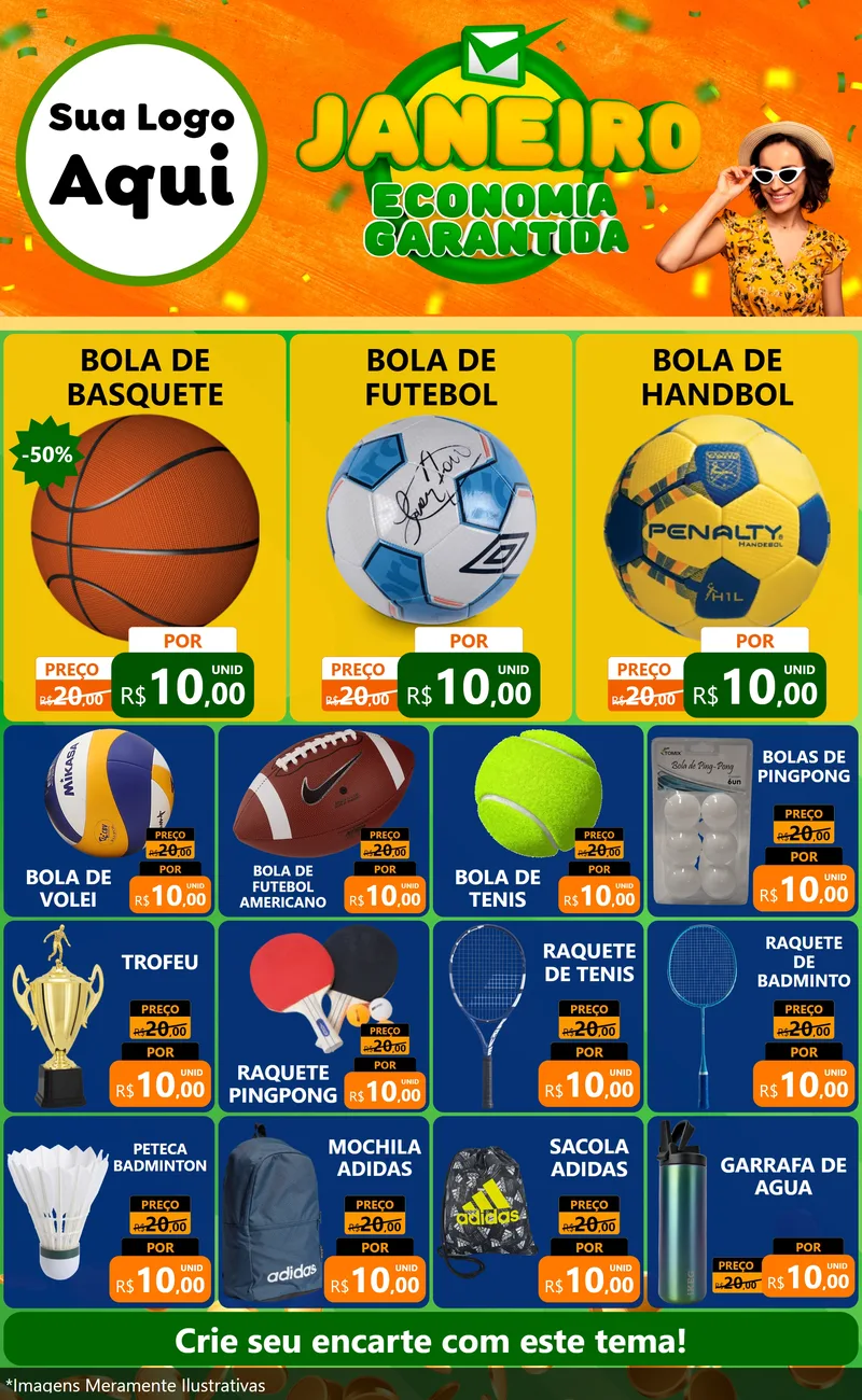 Modelo de Encarte para Encarte Grande com o tema Janeiro - Economia Garantida para Artigos Esportivos