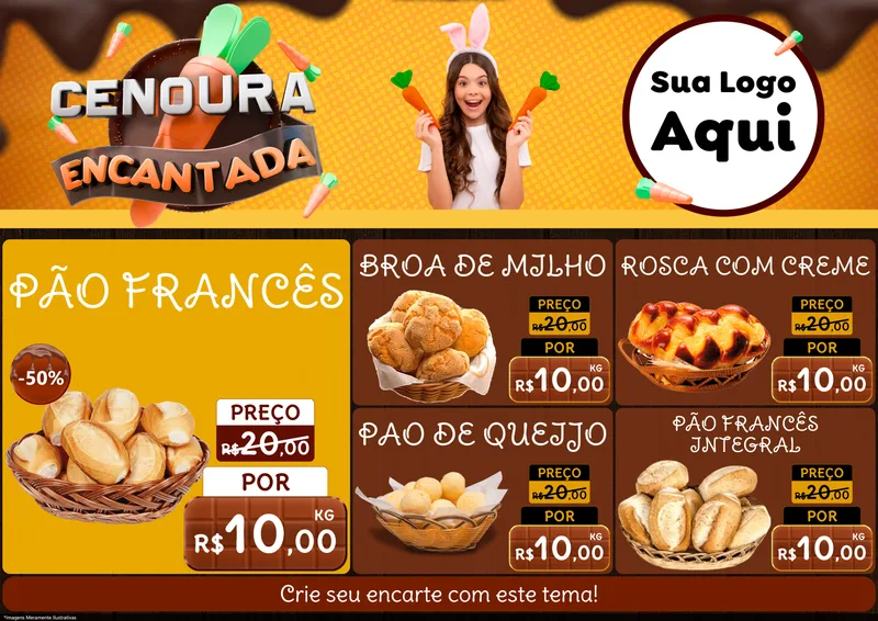 Modelo de Encarte para Encarte A4 Horizontal com o tema Cenoura Encantada - Páscoa para Padaria