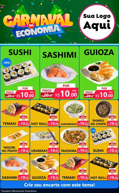 Modelo de Encarte para Encarte Grande com o tema Carnaval da Economia para Comida japonesa