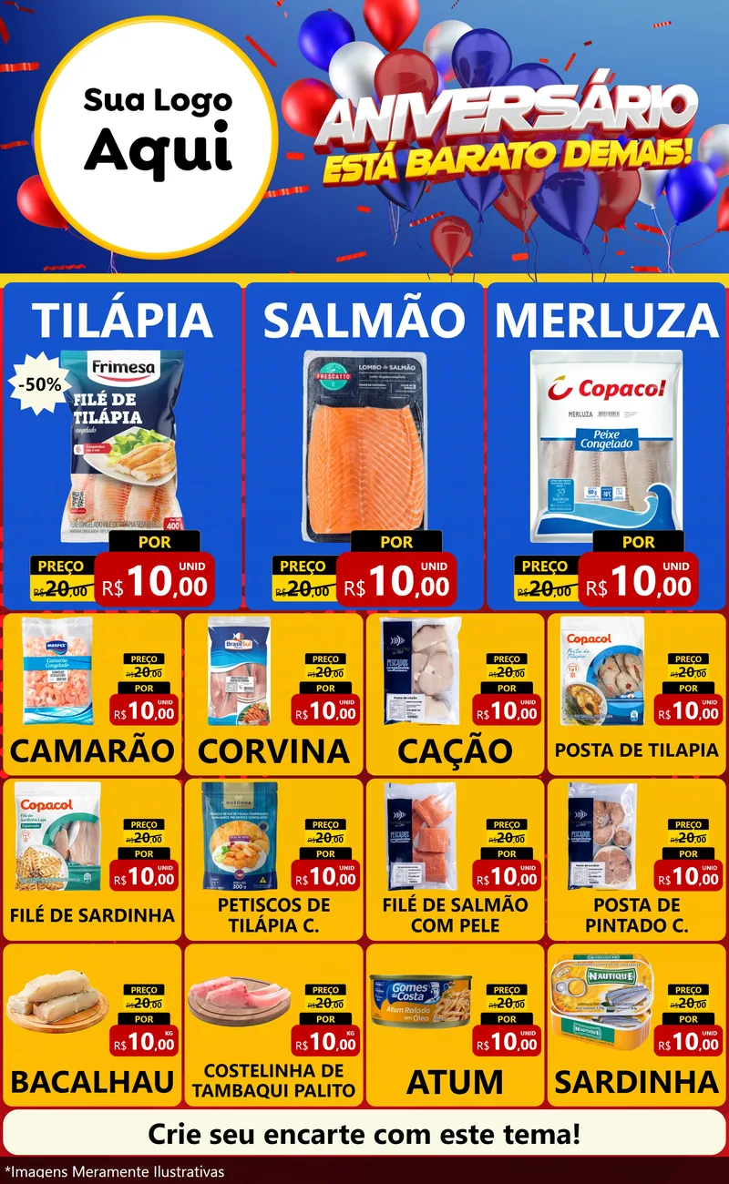 Modelo de Encarte para Encarte Grande com o tema Aniversário para Peixaria