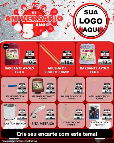 Modelo de Rede Social para Feed Instagram com o tema Promoção de Aniversário - 5 Anos para Armarinho e Aviamentos