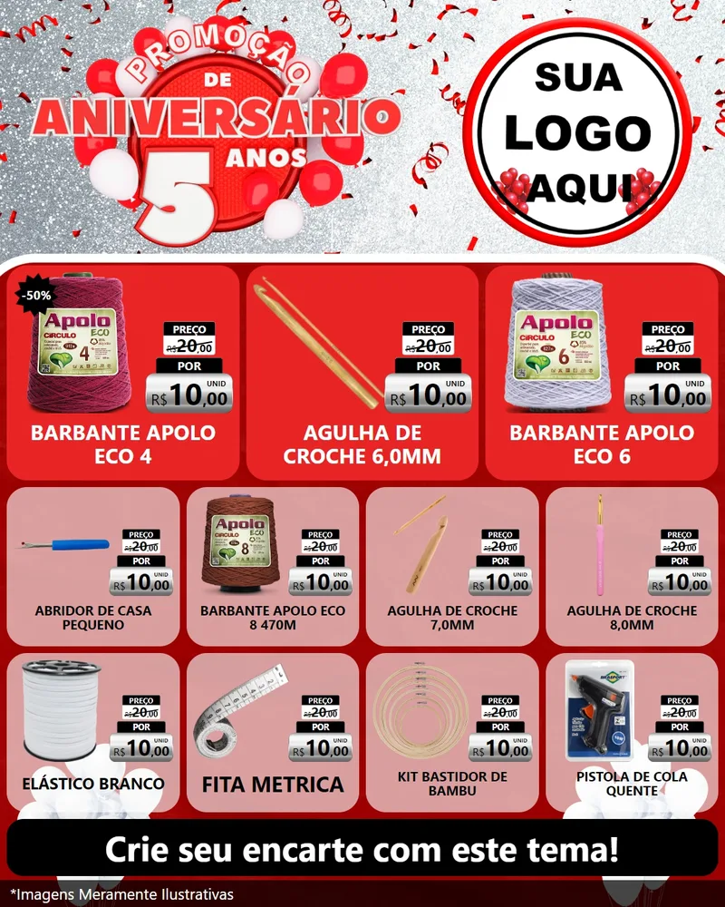 Modelo de Rede Social para Feed Instagram com o tema Promoção de Aniversário - 5 Anos para Armarinho e Aviamentos