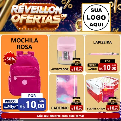 Modelo de Rede Social para Feed Facebook com o tema Réveillon de Ofertas para Papelaria