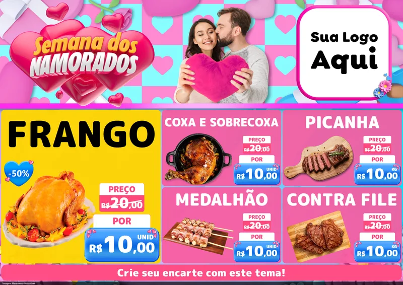 Modelo de Encarte para Encarte A4 Horizontal com o tema Semana dos Namorados para Assados