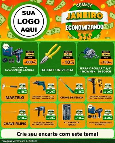 Modelo de Rede Social para Feed Instagram com o tema Comece Janeiro Economizando para Maquinas e Ferramentas