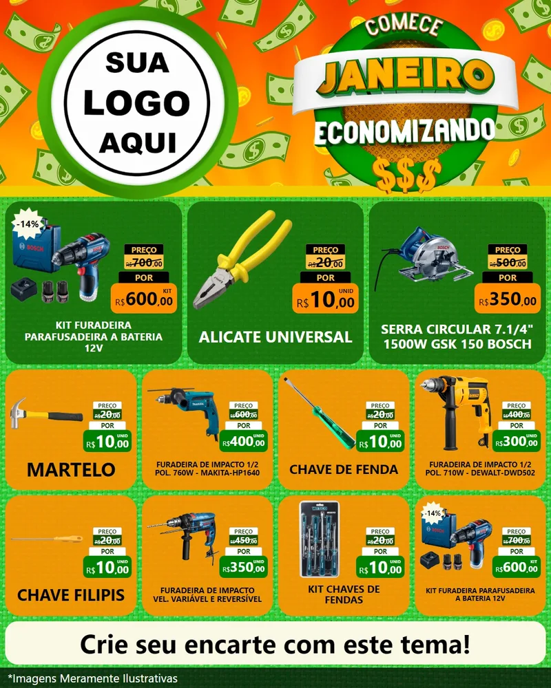 Modelo de Rede Social para Feed Instagram com o tema Comece Janeiro Economizando para Maquinas e Ferramentas