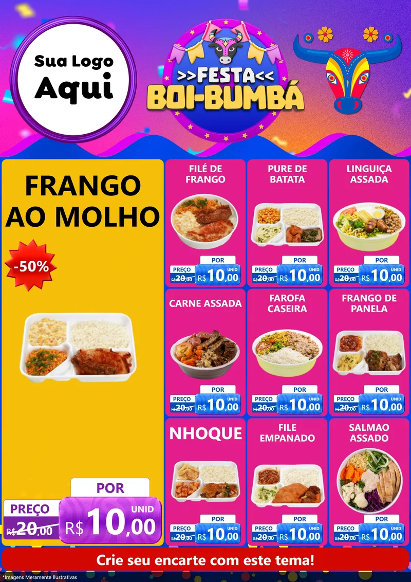 Modelo de Encarte para Encarte A4 Vertical com o tema Festa Boi-Bumbá para Restaurante
