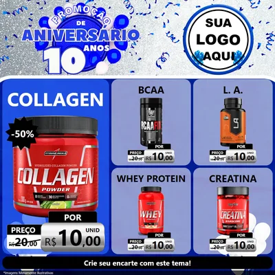 Modelo de Rede Social para Feed Facebook com o tema Promoção de Aniversário - 10 Anos para Suplementos alimentares