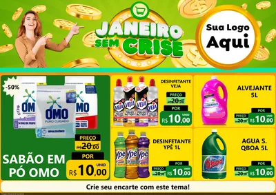 Modelo de Encarte para Encarte A4 Horizontal com o tema Janeiro Sem Crise para Produtos de Limpeza