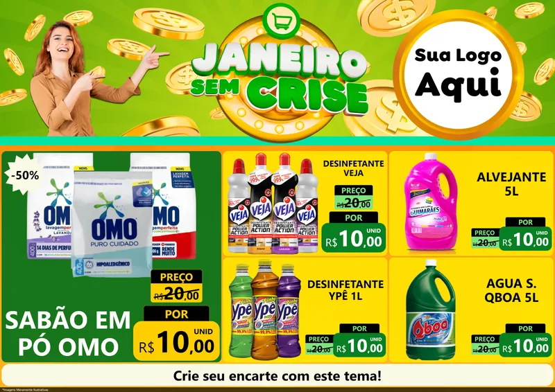 Modelo de Encarte para Encarte A4 Horizontal com o tema Janeiro Sem Crise para Produtos de Limpeza