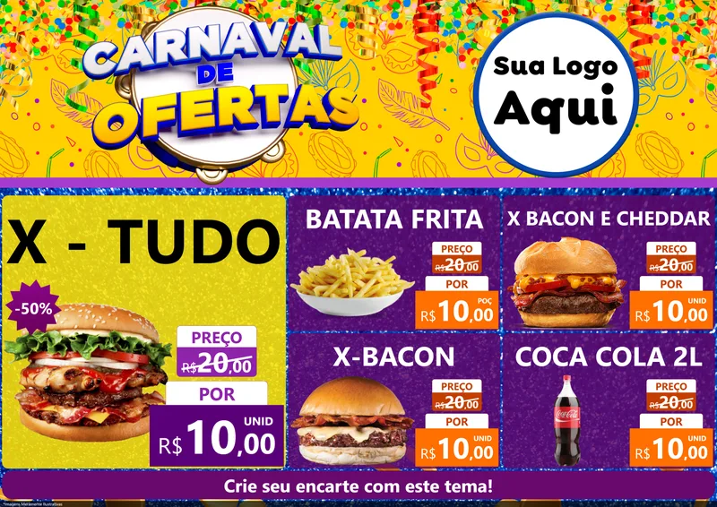 Modelo de Encarte para Encarte A4 Horizontal com o tema Carnaval de Ofertas para Hamburgueria