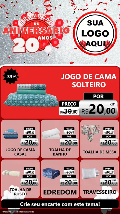Modelo de Rede Social para Stories com o tema Promoção de Aniversário - 20 Anos para Cama, Mesa e Banho