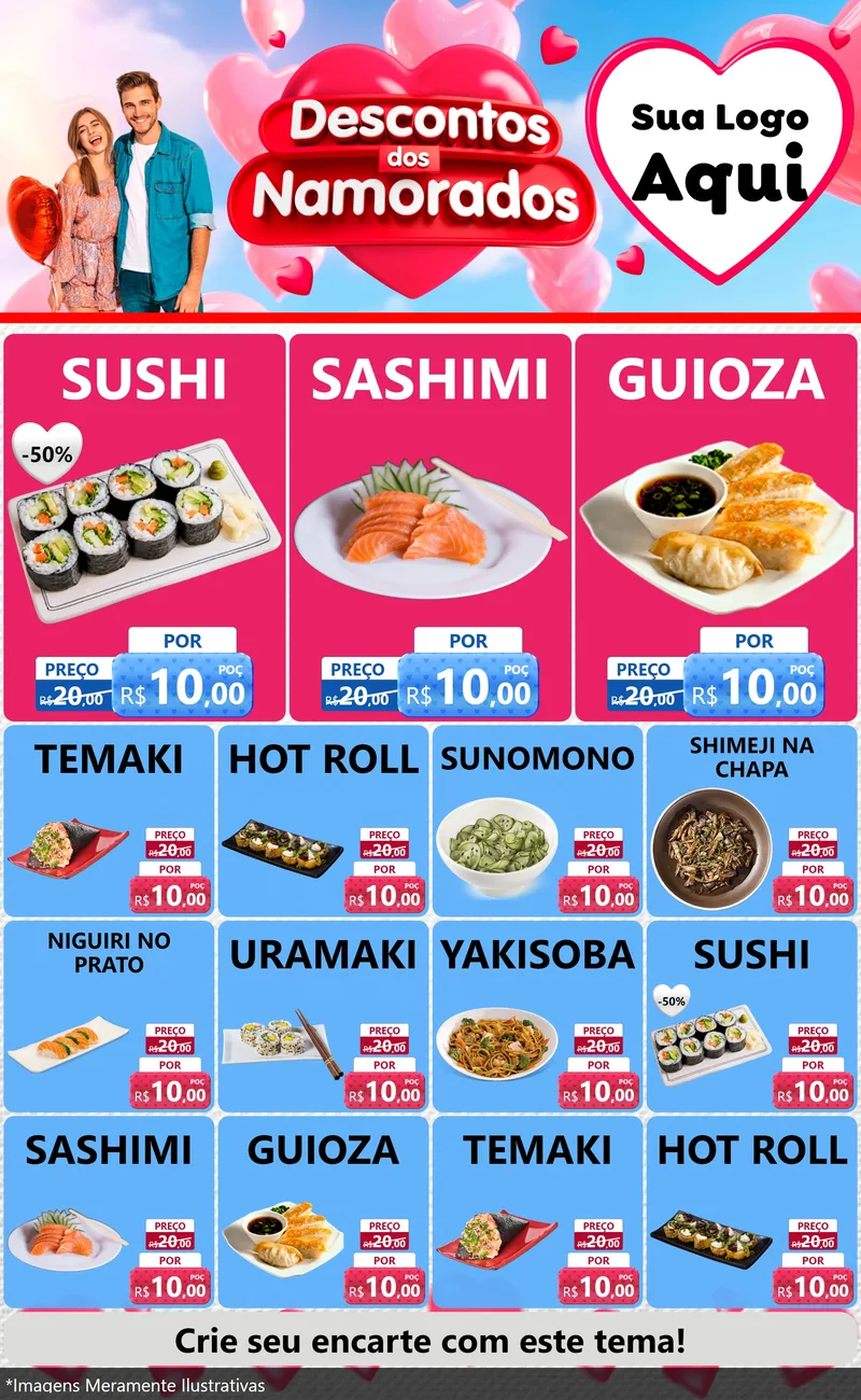 Modelo de Encarte para Encarte Grande com o tema Descontos dos Namorados para Comida japonesa