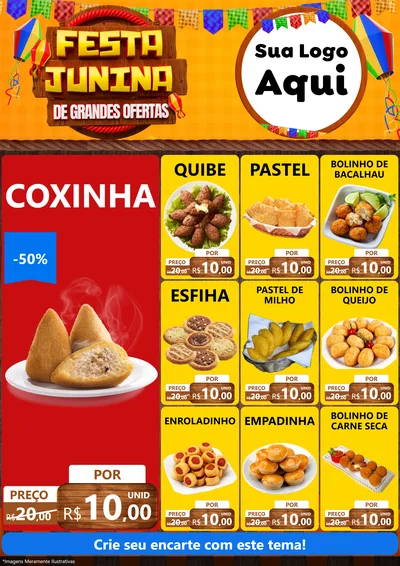 Modelo de Encarte para Encarte A4 Vertical com o tema Festa Junina de Grandes Ofertas para Salgadaria