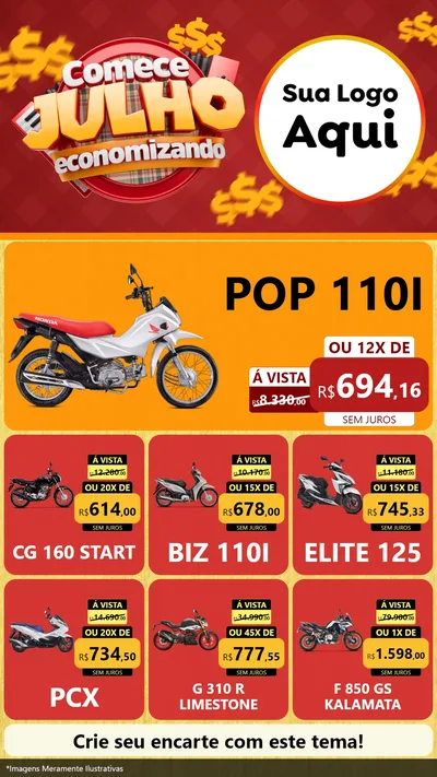Modelo de Rede Social para Stories com o tema Comece Julho Economizando para Concessionaria de Motos