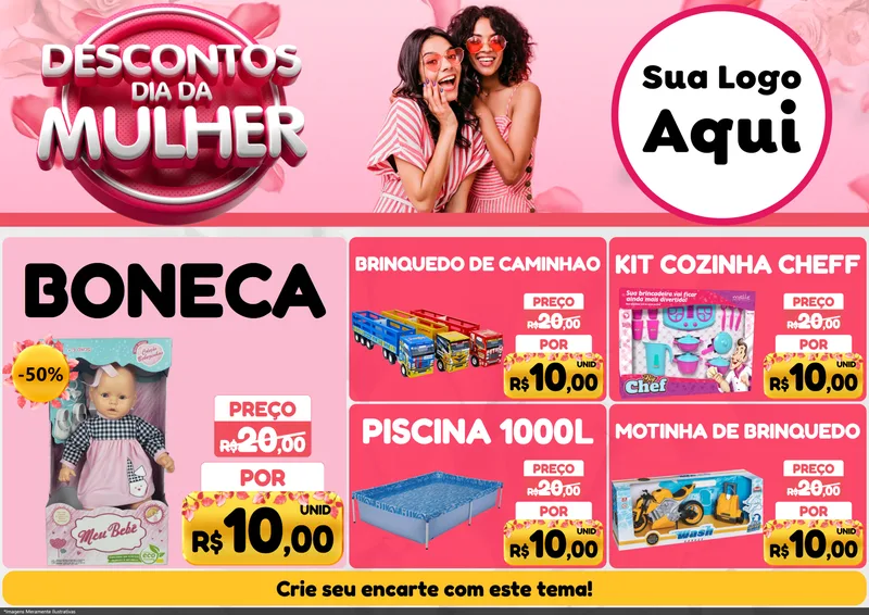 Modelo de Encarte para Encarte A4 Horizontal com o tema Descontos Dia da Mulher para Brinquedos