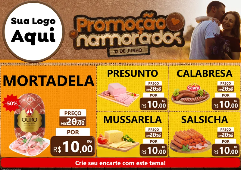 Modelo de Encarte para Encarte A4 Horizontal com o tema Promoção Namorados para Frios e Laticínios