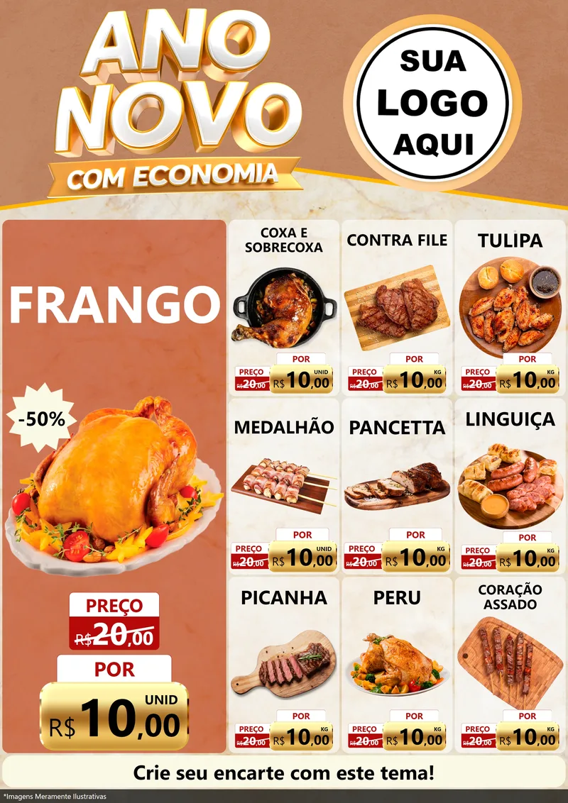 Modelo de Encarte para Encarte A4 Vertical com o tema Ano Novo Com Economia para Assados